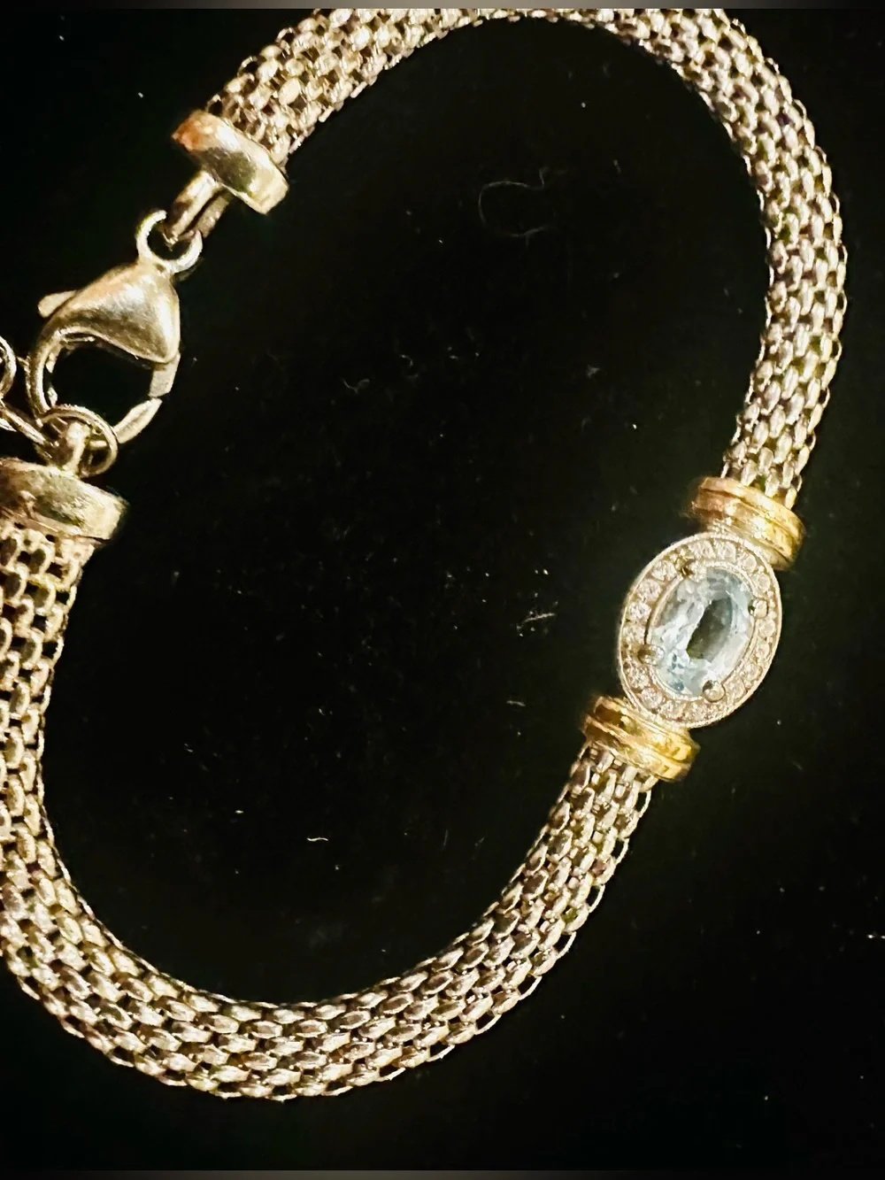 New 14K Solid Gold bracelet w Blue Topaz & 925 silver thick mesh bracelet